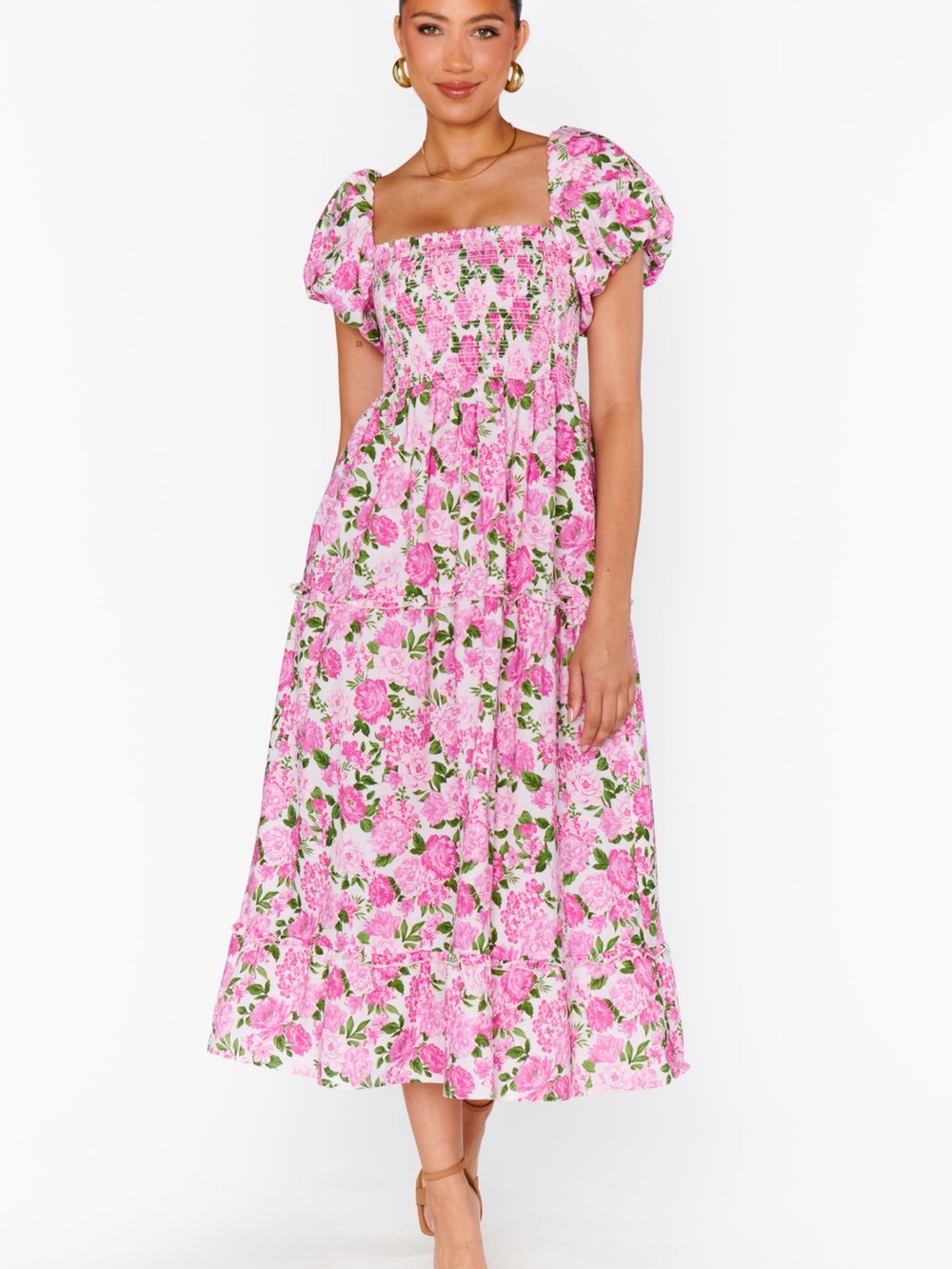 Show Me Your Mumu Afternoon Tea Dress Pink Cottage Floral Puff Sleeve Midi XS